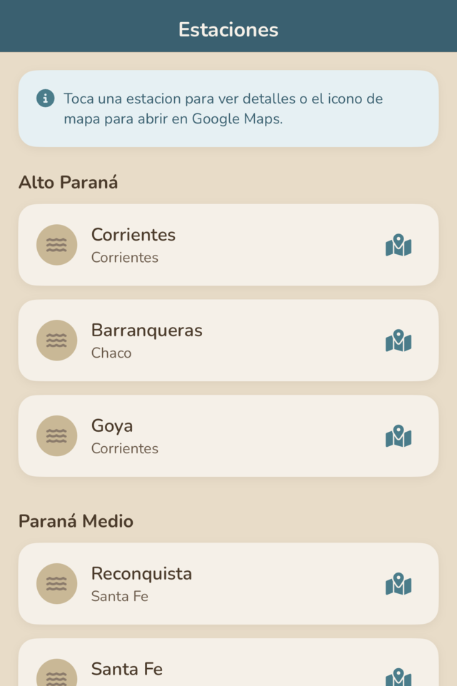 Listado de estaciones del Paraná agrupadas por tramo