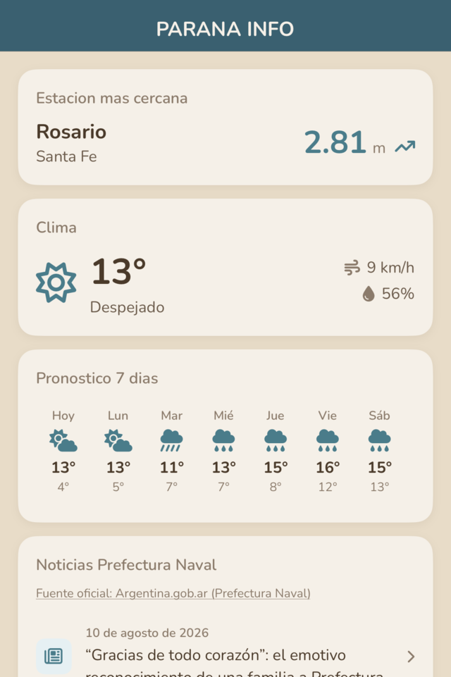 Pantalla de inicio con la altura del río, el clima y el pronóstico
